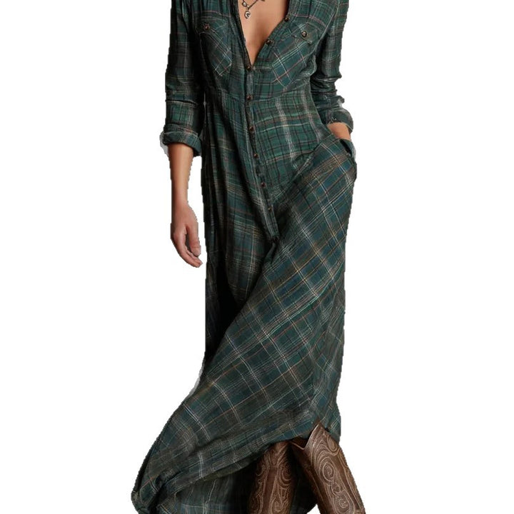 Damen Maxikleid aus kariertem Flanell-Look mit Knopfleiste und seitlichen Taschen – Valéora