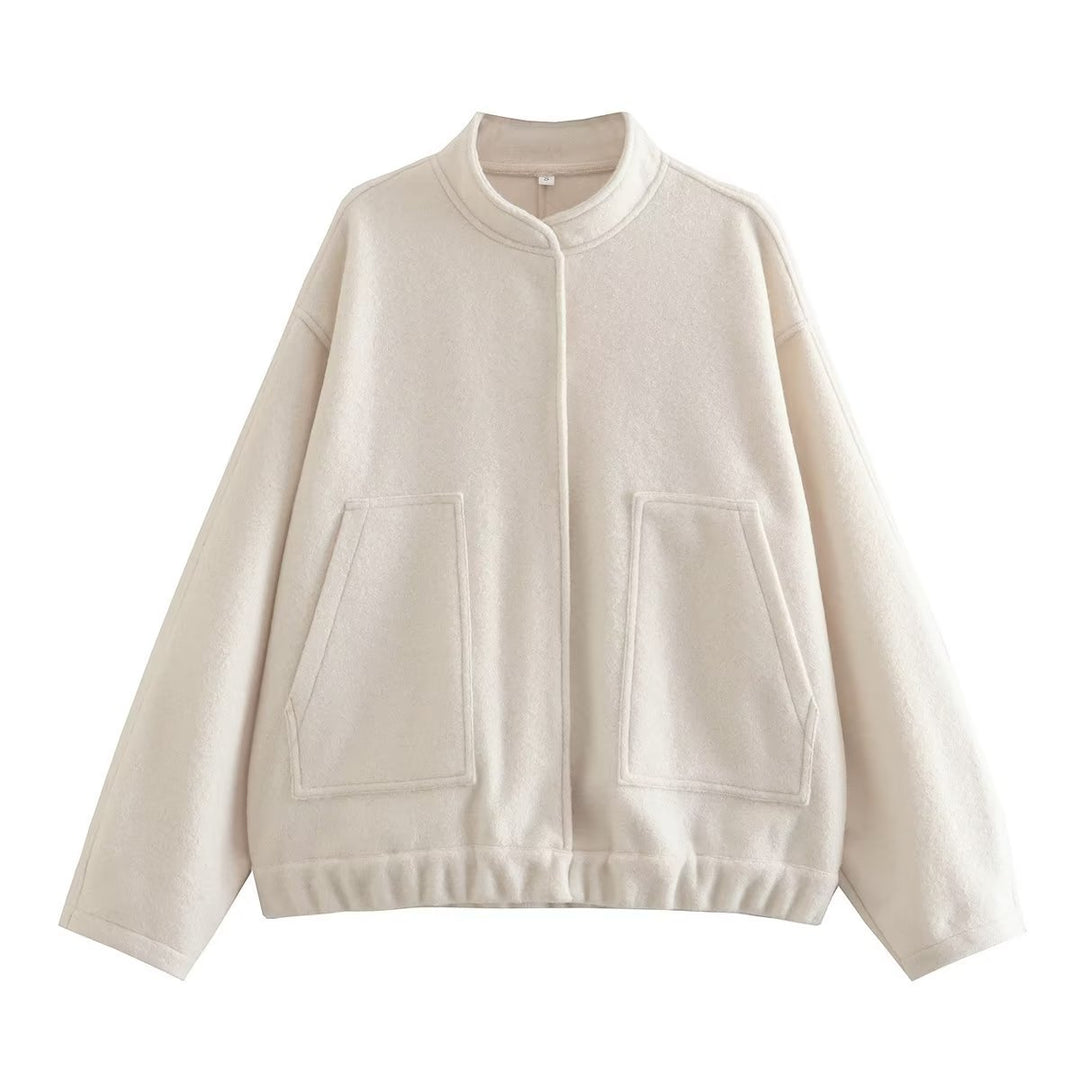 Damen boxy Wollmix-Blouson mit Stehkragen, verdeckter Frontleiste, Eingrifftaschen und elastischem Saum – Célinea