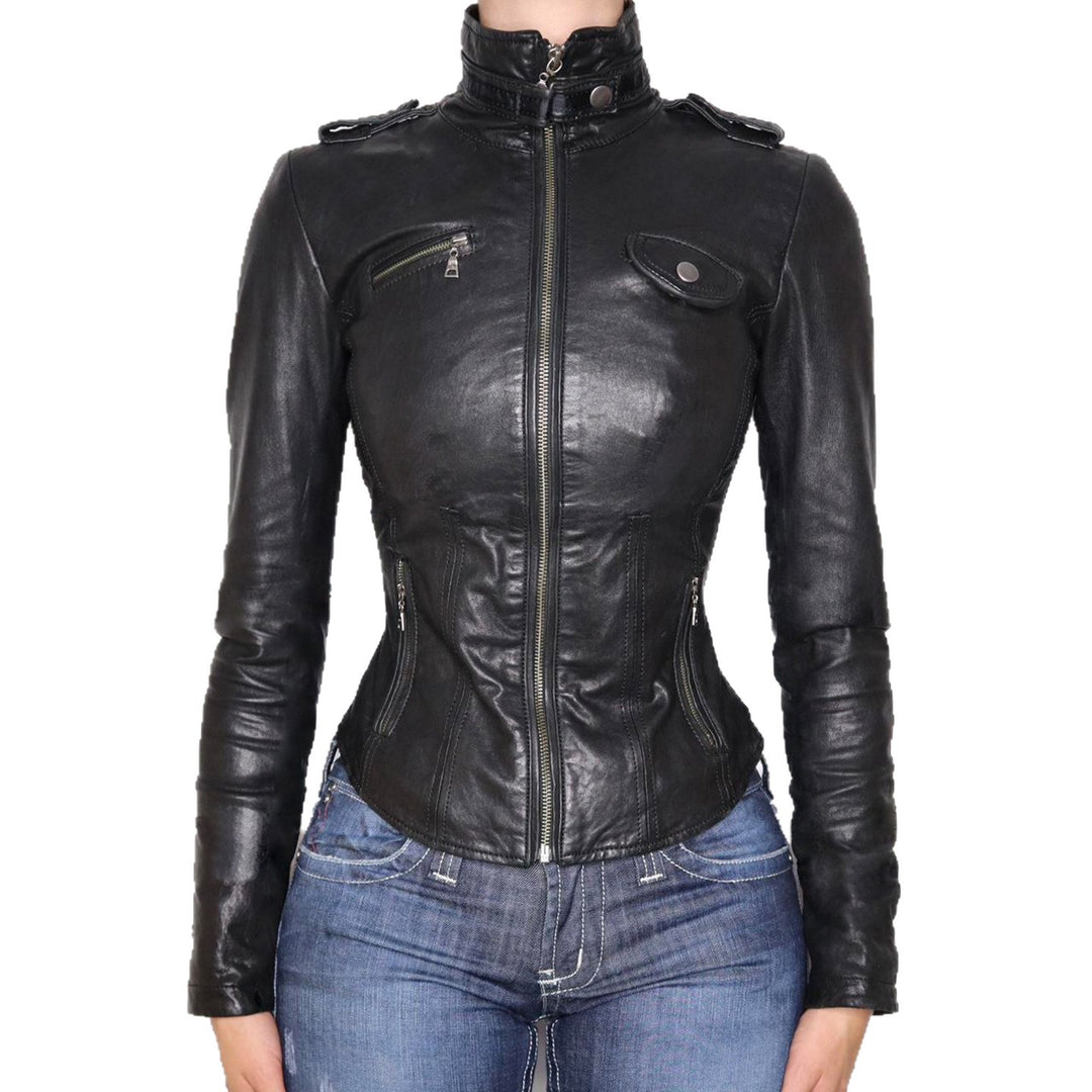 Damen nan taillierte Kunstleder-Bikerjacke mit Stehkragen, Schulterpatten und Reißverschlusstaschen Echo Archiv
