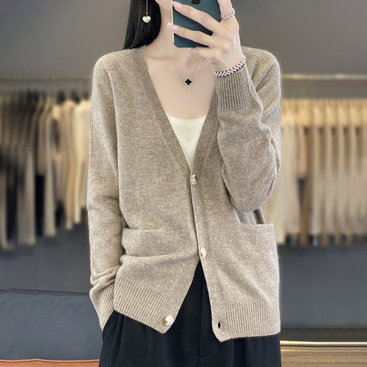 Damen Lässiger Feinstrick-Cardigan mit V‑Ausschnitt, Eingrifftaschen und breitem Rippbund Echoarchiv