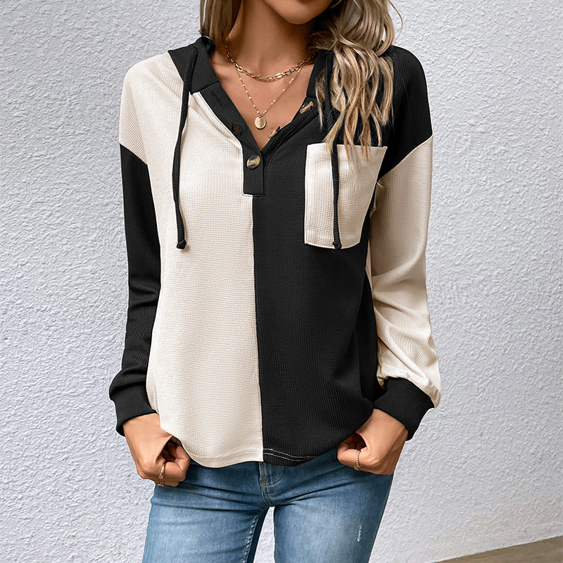 Damen Lässiges Colorblock-Hoodie-Henley mit Waffelstruktur und Brusttasche Echoarchiv