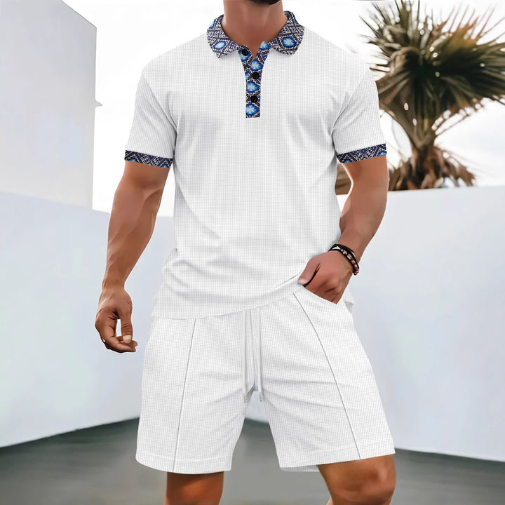 Herren lässiges Polo-T-Shirt mit einzigartigem Kragen und Shorts-Set Echoarchiv
