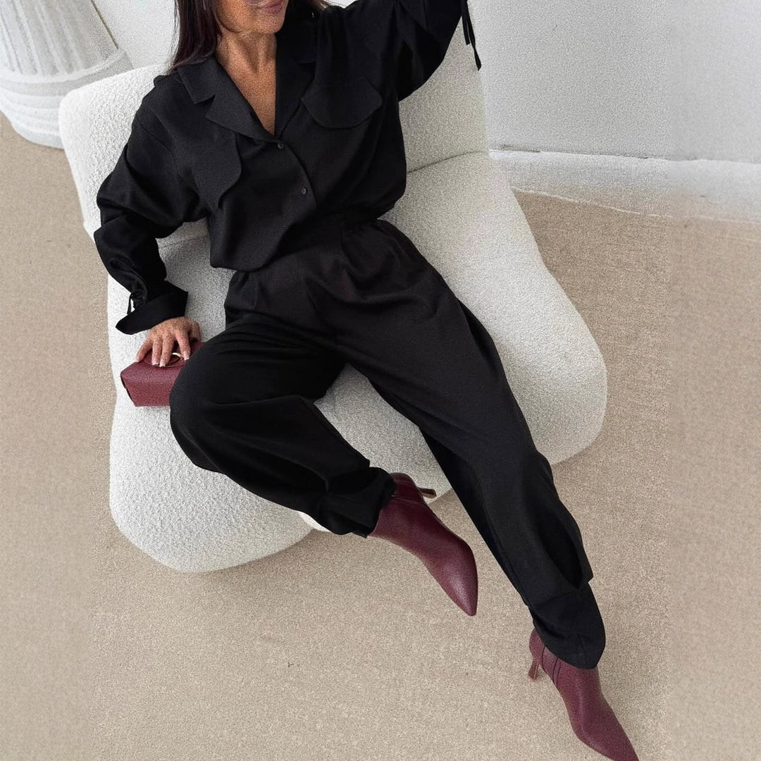 Damen Zweiteiliges Loungewear-Set mit Oversized-Bluse, Pattentaschen, Kordelmanschetten und hochtaillierter Jogpant Echoarchiv