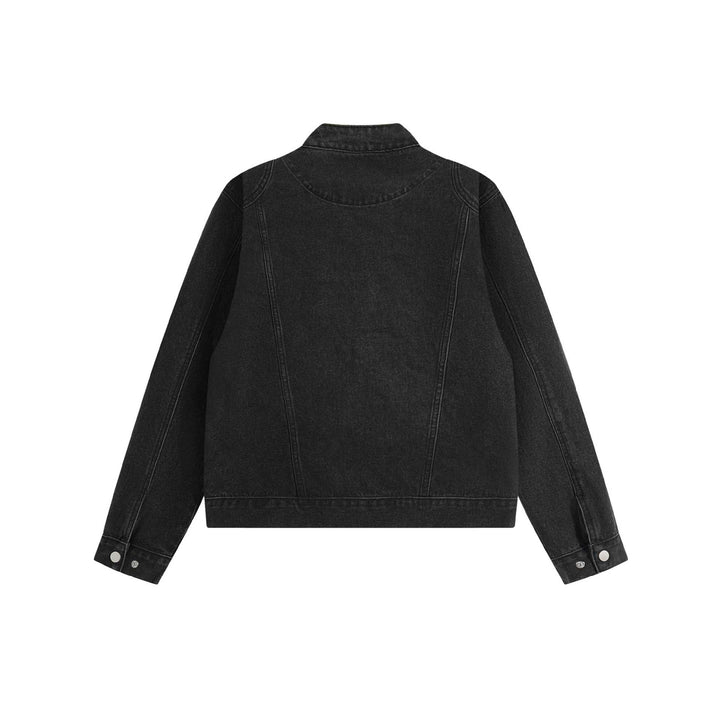 Unisex Kurz geschnittene Denim-Blousonjacke mit Stehkragen und durchgehendem Reißverschluss Echoarchiv