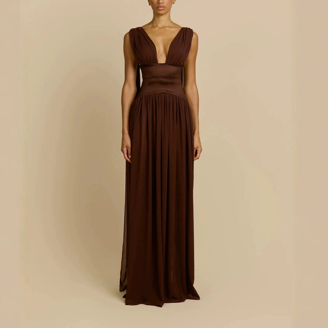Damen Elegantes Langarm-Maxikleid mit tiefem V-Ausschnitt Echo Archiv