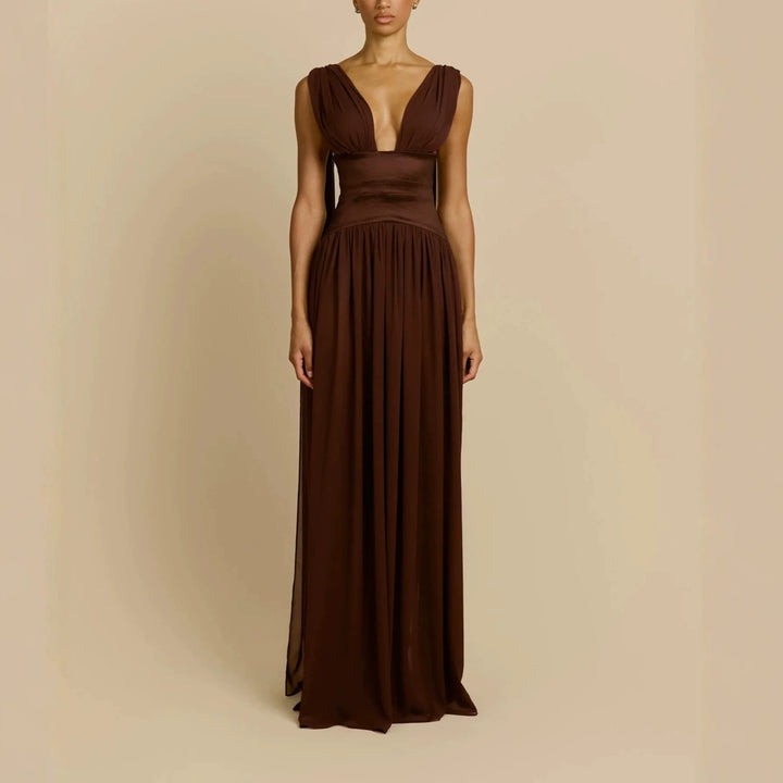 Damen Elegantes Langarm-Maxikleid mit tiefem V-Ausschnitt Echo Archiv