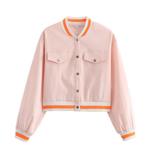 Damen cropped Blousonjacke mit Druckknopfleiste, gestreiften Rippbündchen und aufgesetzten Brustklappen – Célinea