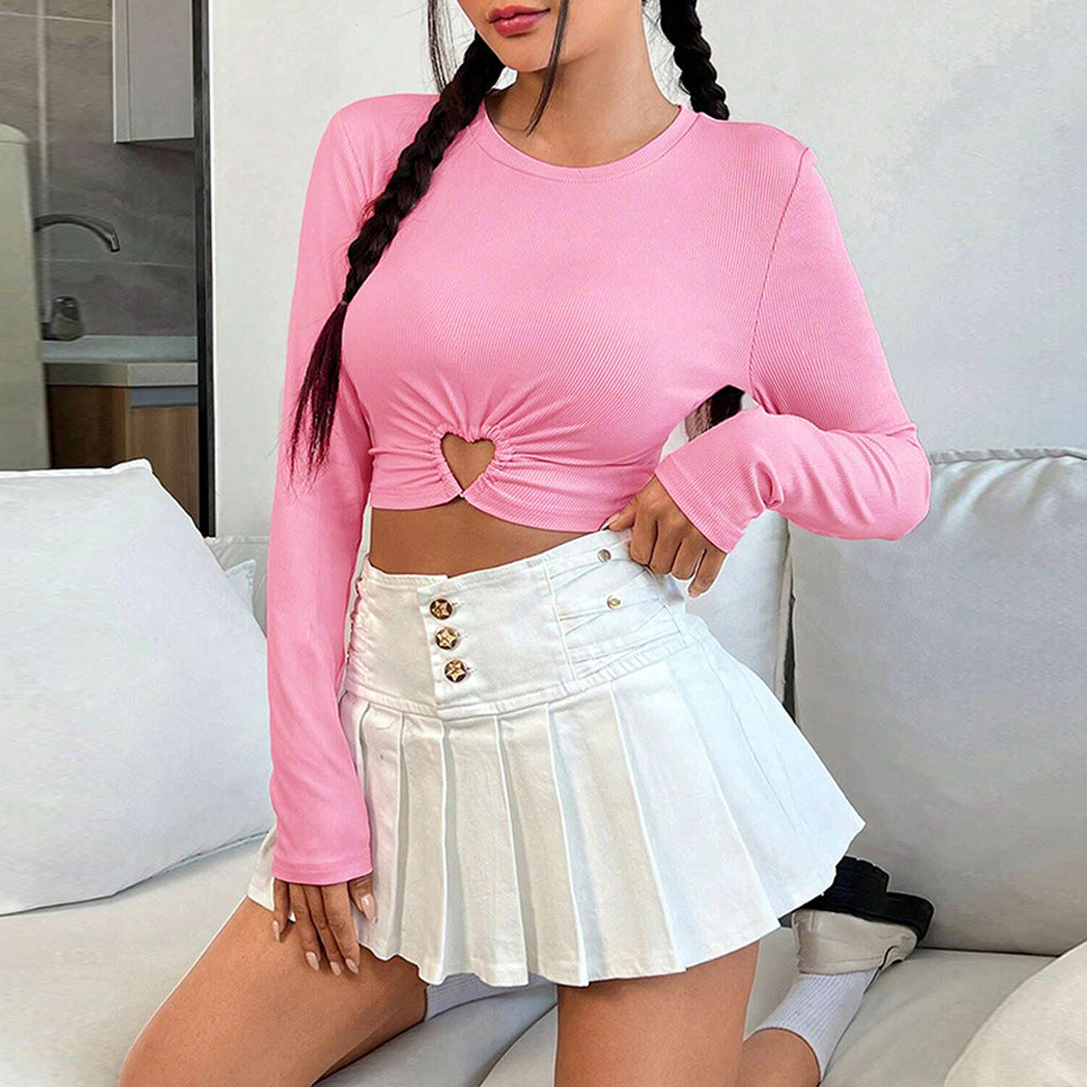 Damen gerafftes Crop-Top mit Herz-Cutout, langärmlig und feiner Rippstruktur – Avérine