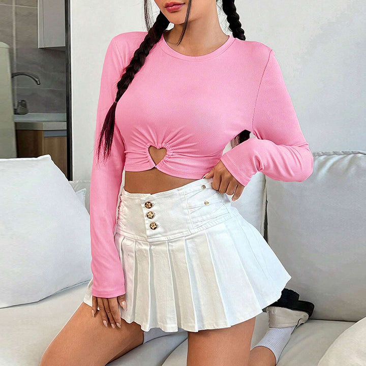 Damen gerafftes Crop-Top mit Herz-Cutout, langärmlig und feiner Rippstruktur – Avérine
