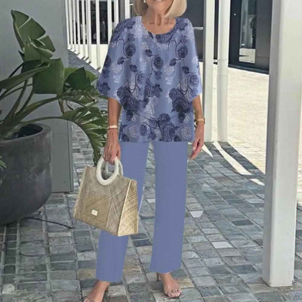 Damen nan Lagen-Tunika mit Cape-Ärmeln und knöchellanger Geradebeinhose mit Grafikprint Echo Archiv