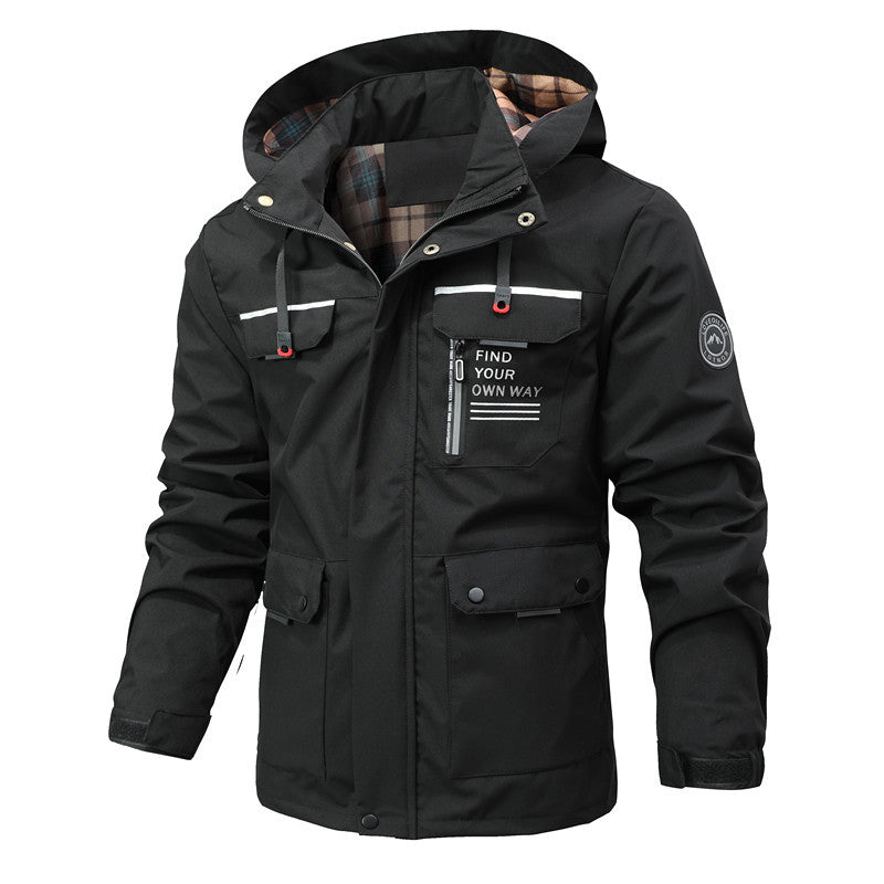 Herren Multitaschen-Softshell-Parka mit Kapuze und kariertem Innenfutter Echoarchiv