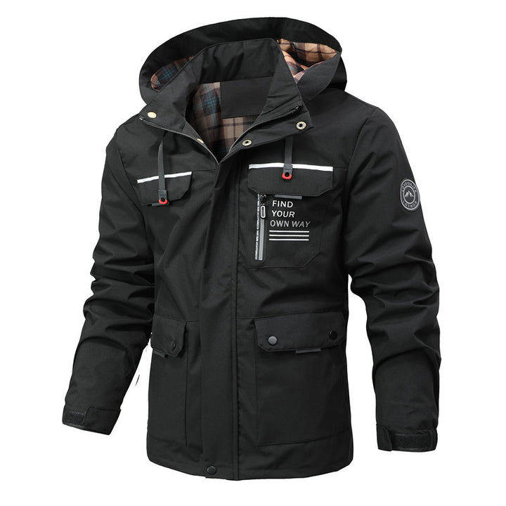 Herren Multitaschen-Softshell-Parka mit Kapuze und kariertem Innenfutter Echoarchiv