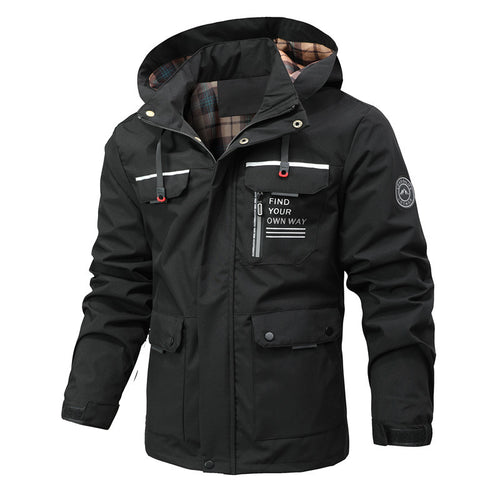 Herren Multitaschen-Softshell-Parka mit Kapuze und kariertem Innenfutter Echoarchiv