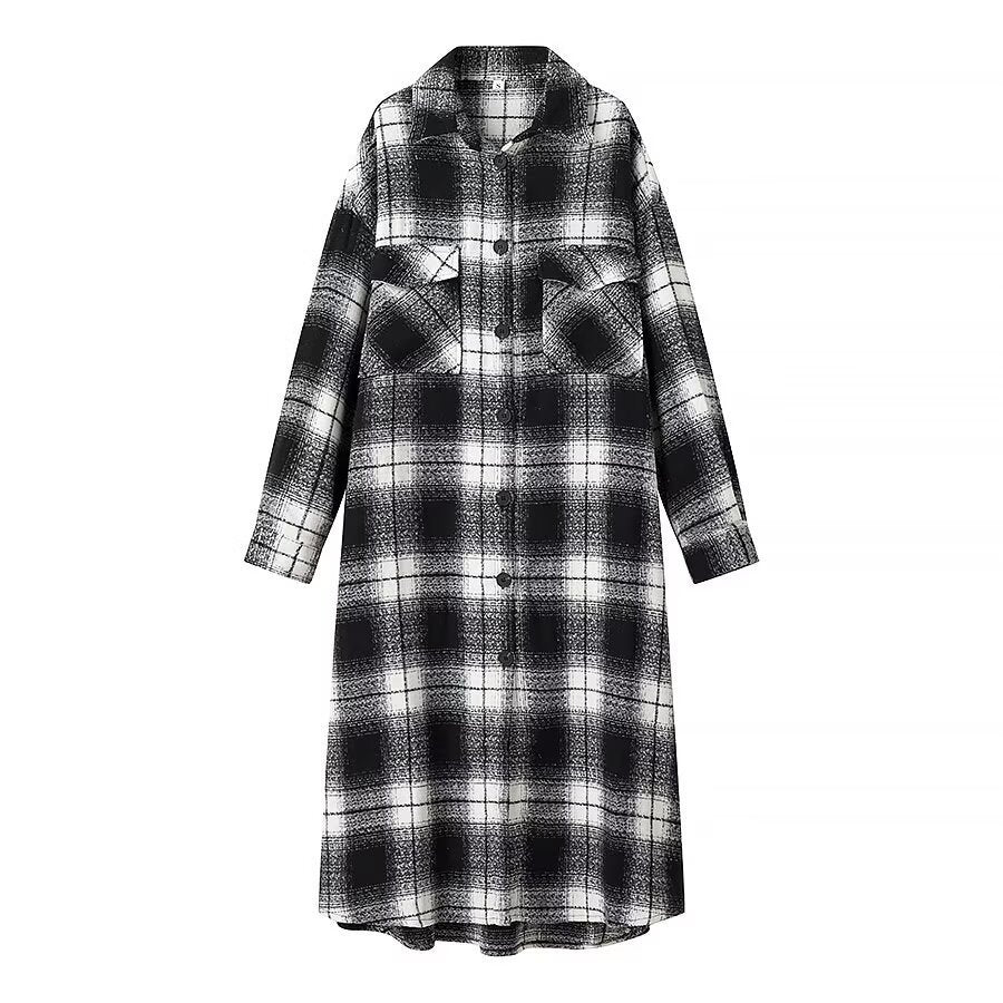 Damen Longline-Karo-Überhemd mit Oversize-Schnitt und aufgesetzten Pattentaschen Echo Archiv