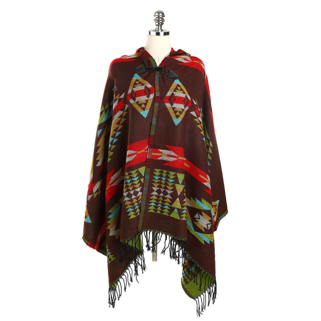 Damen Ethno-Jacquard-Poncho mit Knebelverschluss und Fransensaum Echo Archiv