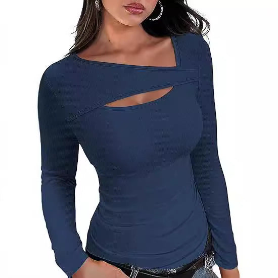 Damen Geripptes Langarmshirt mit asymmetrischem Carmenausschnitt und Brust-Cut-Out Echo Archiv