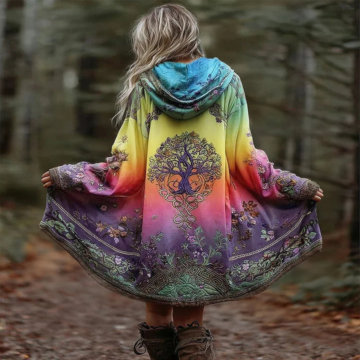 Damen Boho Kapuzenmantel im Schwung-Schnitt mit Baum-Motiv und Farbverlauf – Montévia