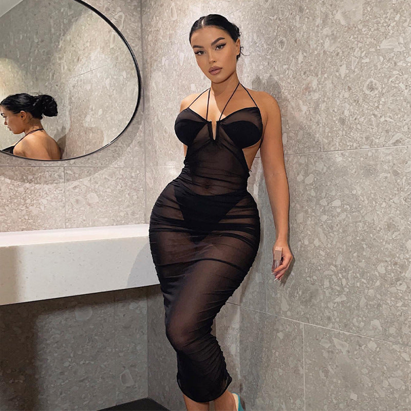 Damen Transparente Bodycon Maxikleid mit tiefem Ausschnitt und verspielten Trägern Echo Archiv