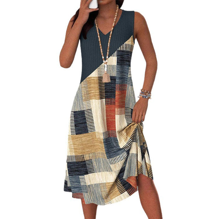 Damen nan ärmelloses V-Ausschnitt Midikleid mit diagonalem Patchworkmuster und geripptem Oberteil Echo Archiv