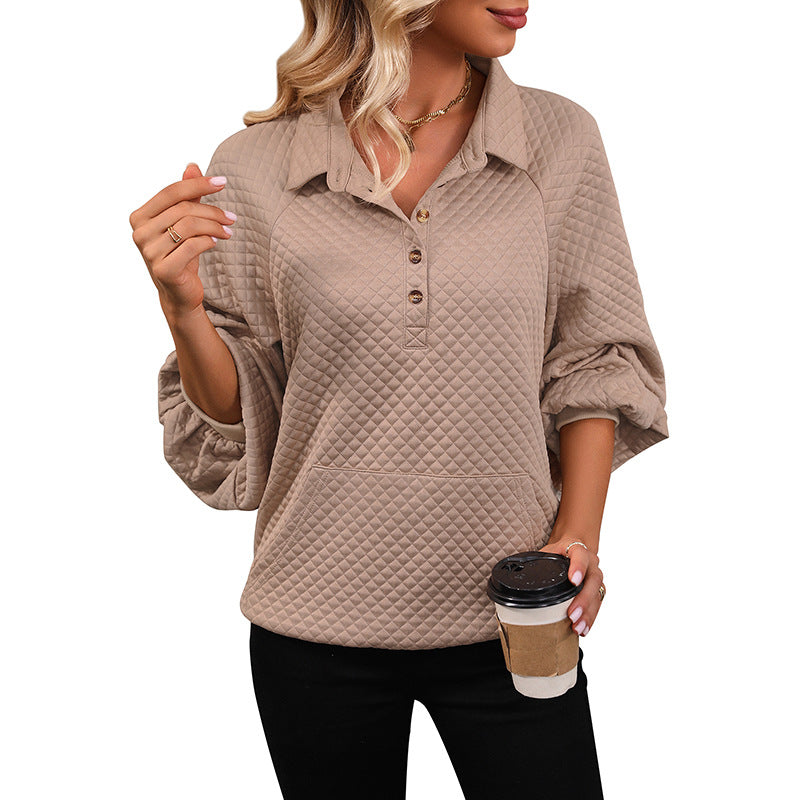 Damen Stepp-Polo-Sweatshirt mit Knopfleiste, Kängurutasche und Balloon-Ärmeln Echoarchiv