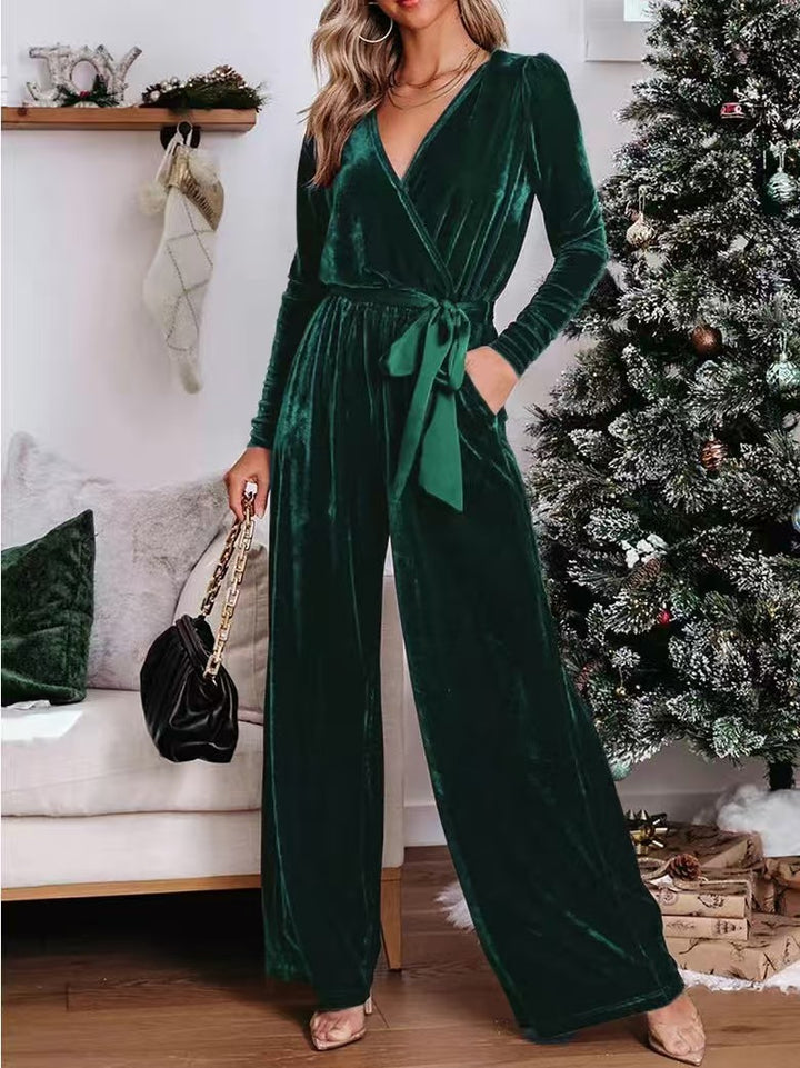Damen Samt‑Jumpsuit mit Wickel‑V‑Ausschnitt, weitem Bein und Taillengürtel – Solévia