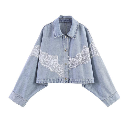 Damen verkürzte Jeansjacke mit Spitzenbesatz und überschnittener Schulter Echo Archiv