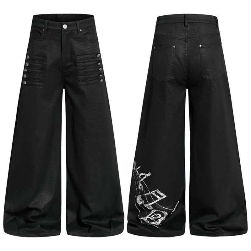Damen Weite hochgeschnittene Palazzo-Hose mit beschichteter Lederoptik, extra weitem Bein und Statement-Print Echoarchiv