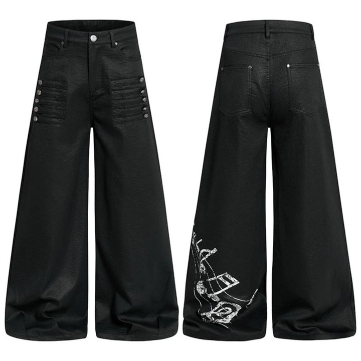 Damen Weite hochgeschnittene Palazzo-Hose mit beschichteter Lederoptik, extra weitem Bein und Statement-Print Echoarchiv