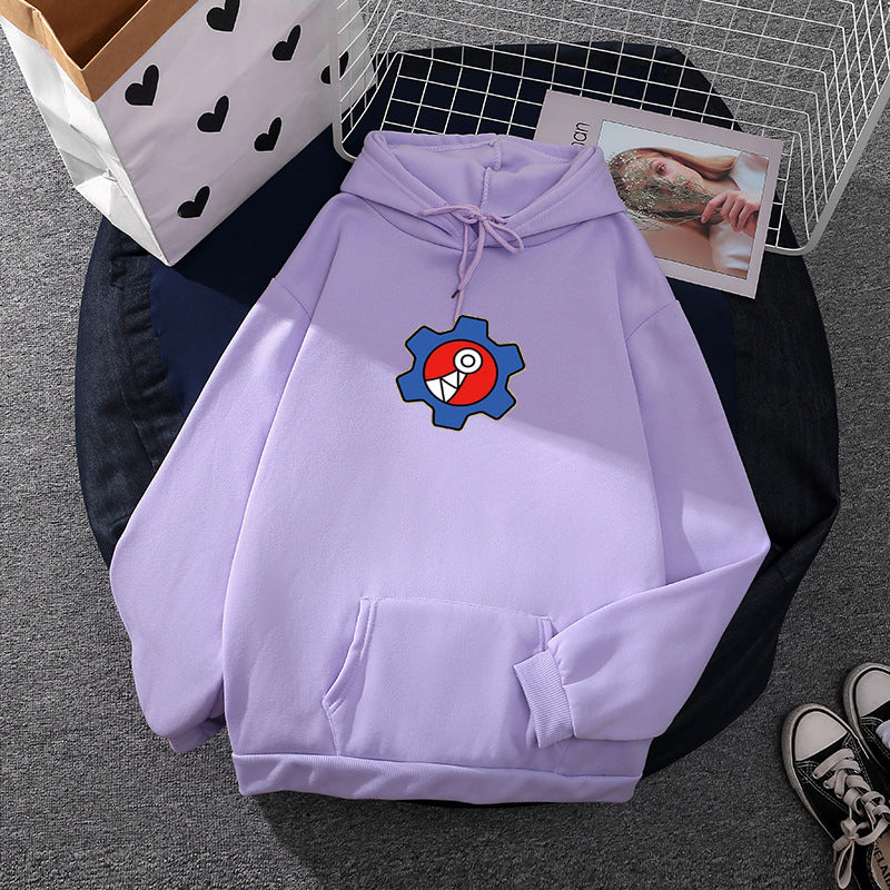 Damen oversized Fleece-Kapuzenpullover mit weicher Innenseite, Kängurutasche und appliziertem Zahnrad-Comic-Motiv – Auréline