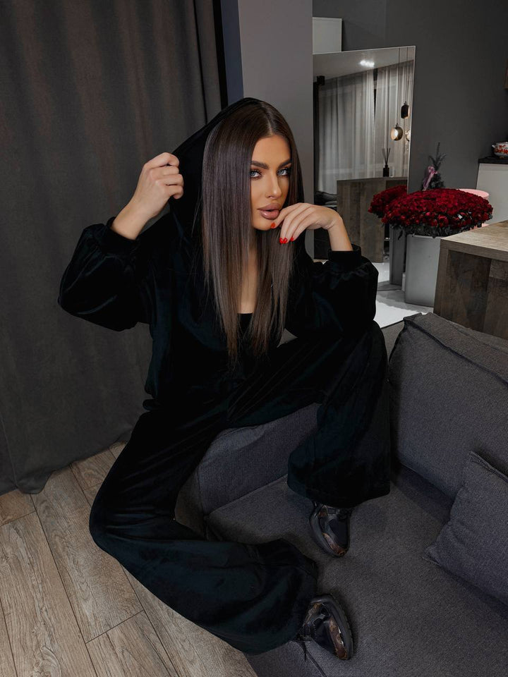 Damen luxuriöses Velours-Cropped-Hoodie und High-Waist Weite Jogginghose Set – Auréline