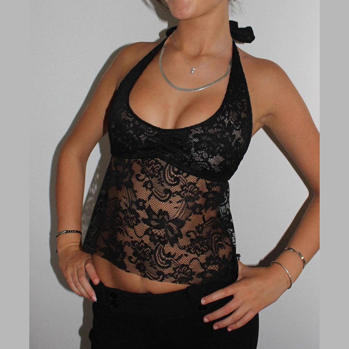 Damen Spitzen-Haltertop mit floralem Muster und tiefem V-Ausschnitt Echo Archiv