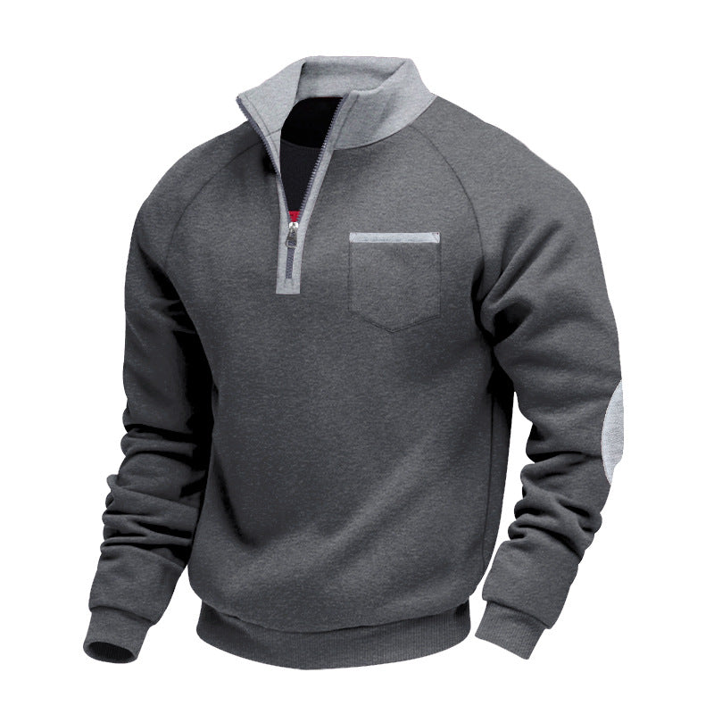 Herren Raglan-Halbzip-Sweatshirt mit Stehkragen, Brusttasche & Ellbogenapplikation – Marzano