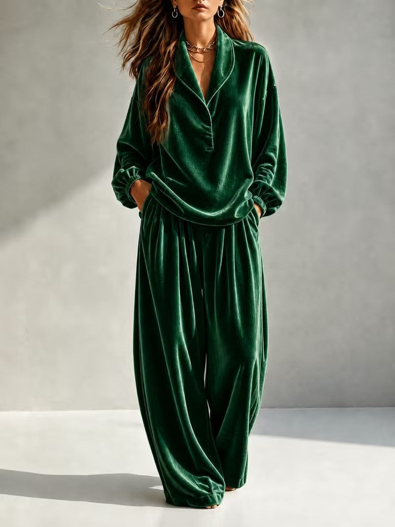 Damen Luxuriöses Velours-Loungewear-Set mit Schalkragen und weiter Palazzo-Hose Echoarchiv