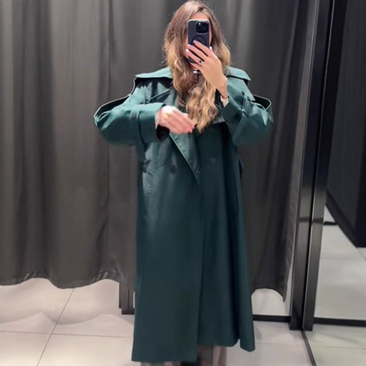 Damen Langer wasserabweisender Trenchcoat mit Taillengürtel und hohem Stehkragen Echoarchiv