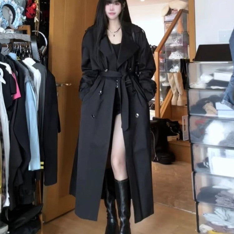 Damen Langer Doppelreihiger Trenchcoat mit Schalkragen, Oversize-Schnitt und verdecktem Taillenband Echoarchiv