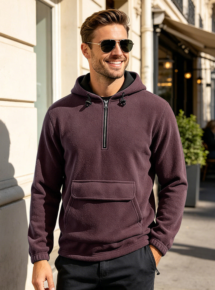 Herren Fleece-Hoodie mit halbem Reißverschluss, Kängurutasche und verstellbarer Kapuze – Cavarno
