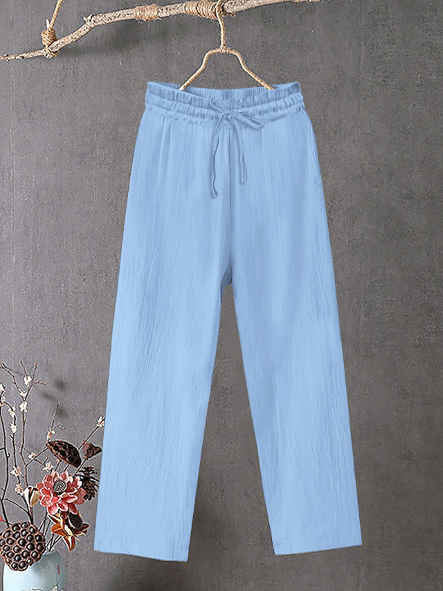Damen Crinkle Leinenmischung Hose mit elastischem Kordelzug, gerade Beinform und lässiger Passform – Avélisse