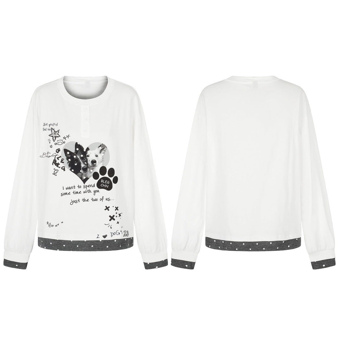 Damen Langarm-Pyjama-Top mit halbnaher Knopfleiste, Herz-Hundeprint und kontrastiertem Bündchen Echoarchiv