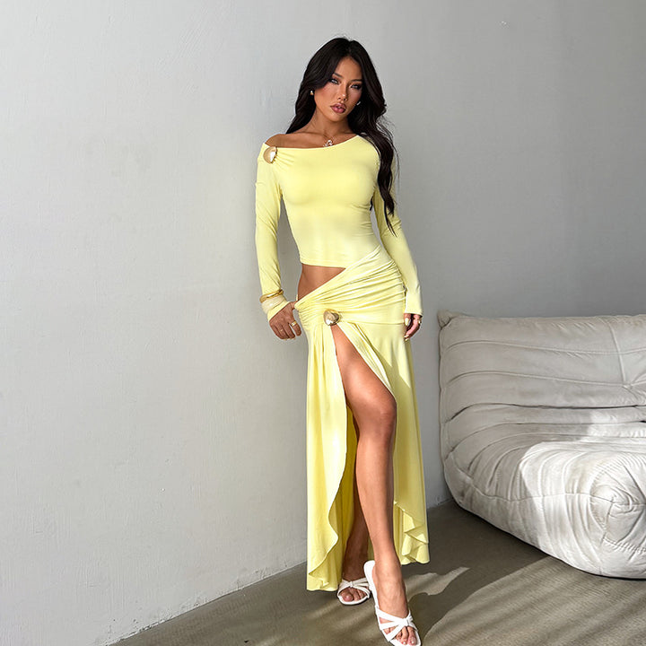 Damen asymmetrisches Wickelkleid mit schulterfreiem Design und knielangem Saum Echo Archiv