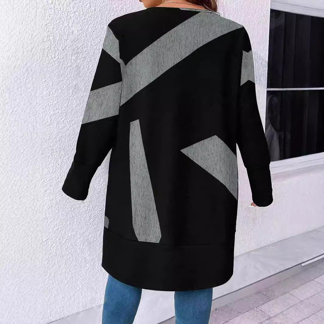 Damen Oversize Strickcardigan mit geometrischem Muster, Knopfverschluss und aufgesetzten Taschen – Veloura