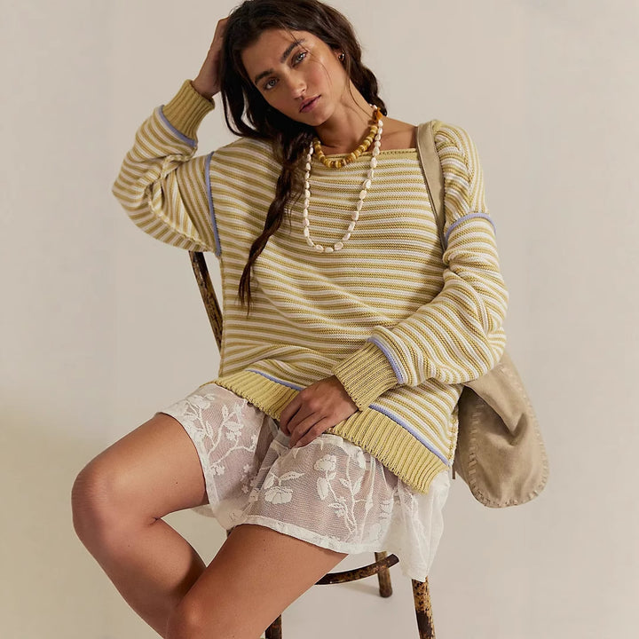 Damen Oversize Ringelstrickpullover mit weitem Schnitt, Bündchen & kontrastierenden Paspeln Echoarchiv