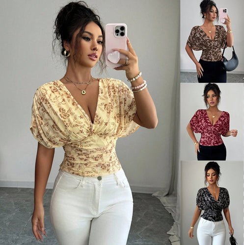 Damen Figurbetonte Wickelbluse mit tiefem V-Ausschnitt, geraffter Taille und Kimonoärmeln Echo Archiv