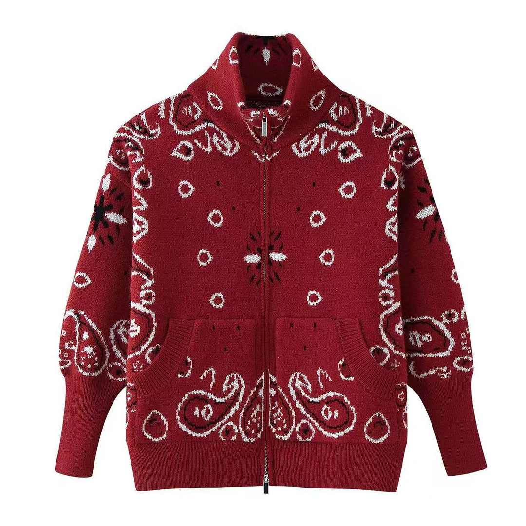 Damen Grobgestrickte Strickjacke mit Reißverschluss, Paisley‑Jacquard und Stehkragen Echoarchiv
