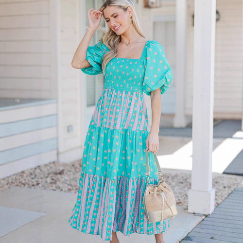 Damen Maxikleid mit gerafftem Oberteil und voluminösen Puffärmeln Echo Archiv