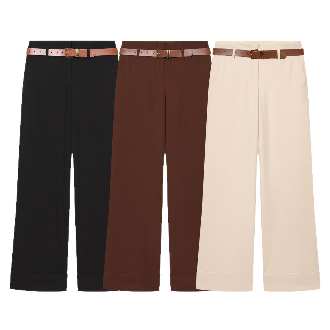 Damen Weite High‑Waist‑Hose mit Umschlagsaum, Bügelfalte und Taillengürtel Echoarchiv