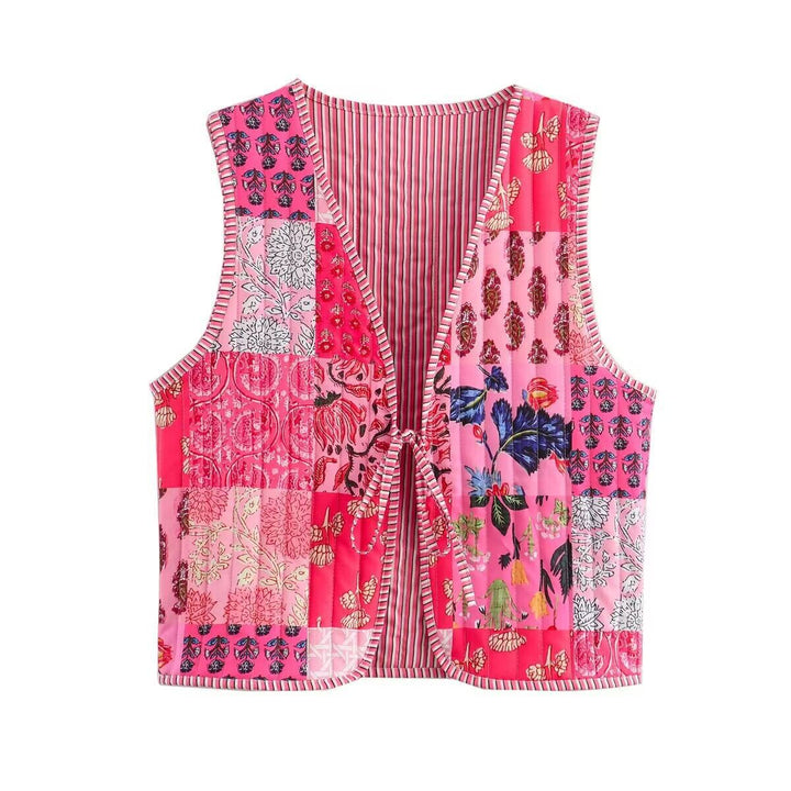 Damen Patchwork-Weste mit Bindeband und V-Ausschnitt Echo Archiv