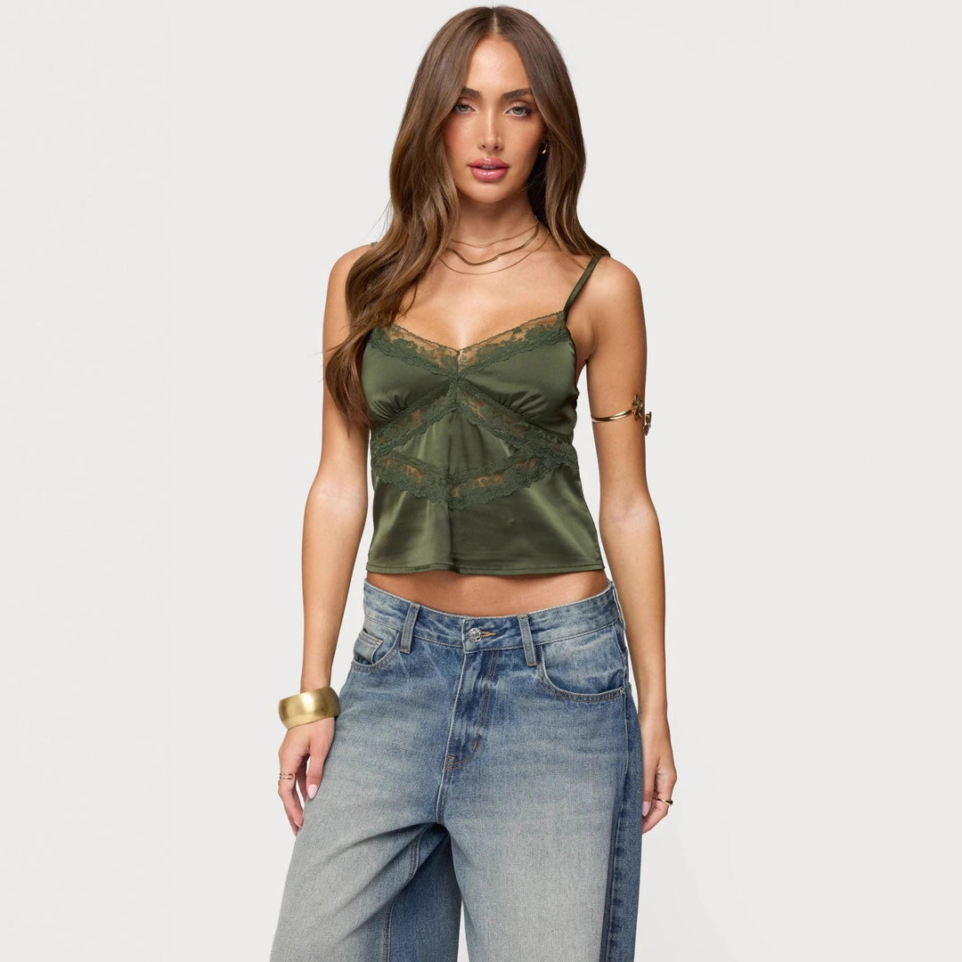 Damen Elegantes Satin-Cami-Top mit Spitzenverzierungen Echo Archiv