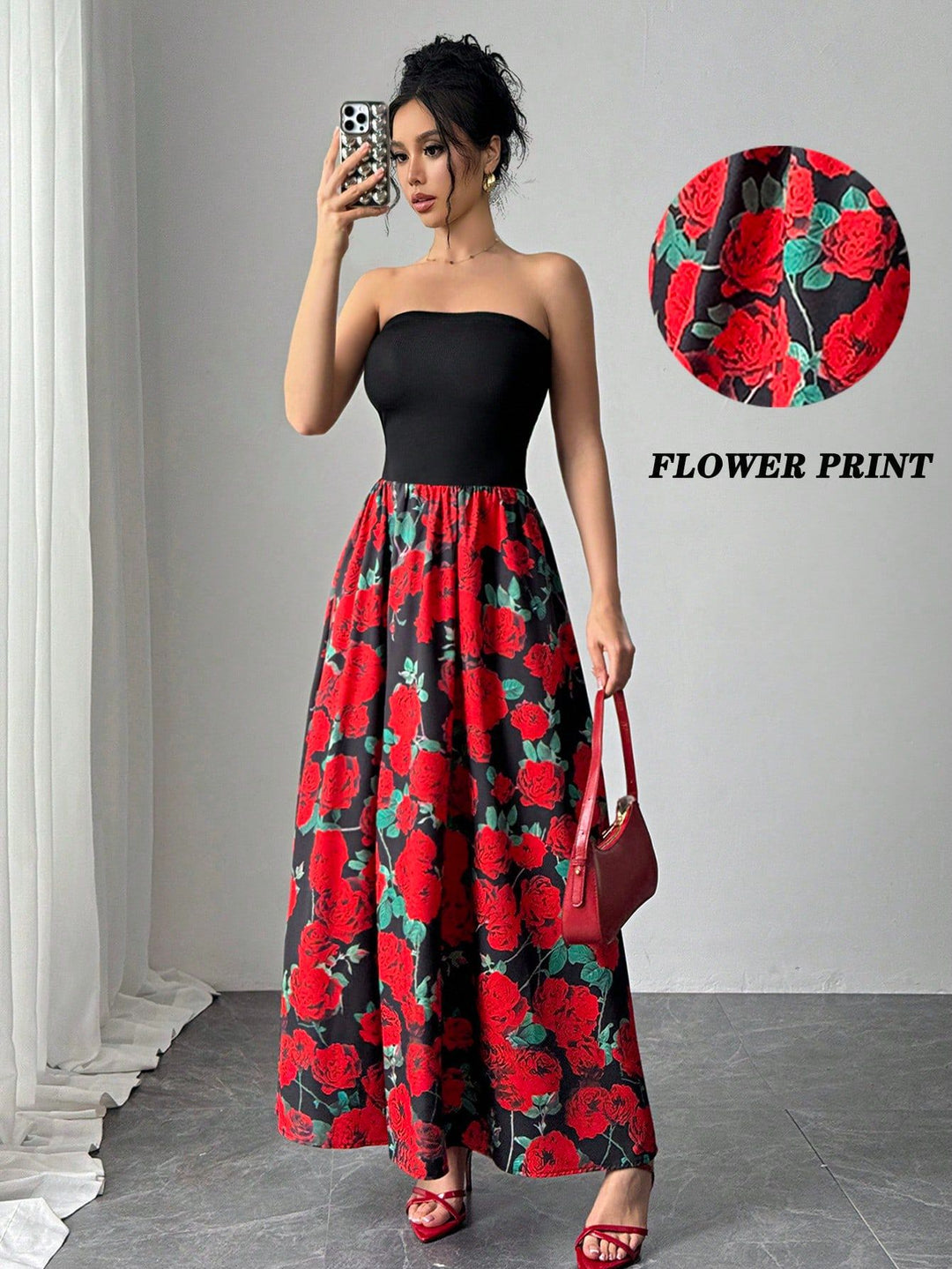 Damen nan trägerloses Maxikleid mit figurbetontem Bandeau-Oberteil und ausgestelltem Rosen-Print-Rock Echo Archiv