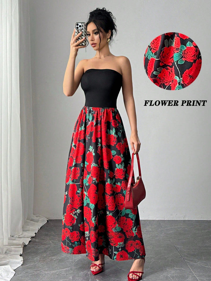 Damen nan trägerloses Maxikleid mit figurbetontem Bandeau-Oberteil und ausgestelltem Rosen-Print-Rock Echo Archiv