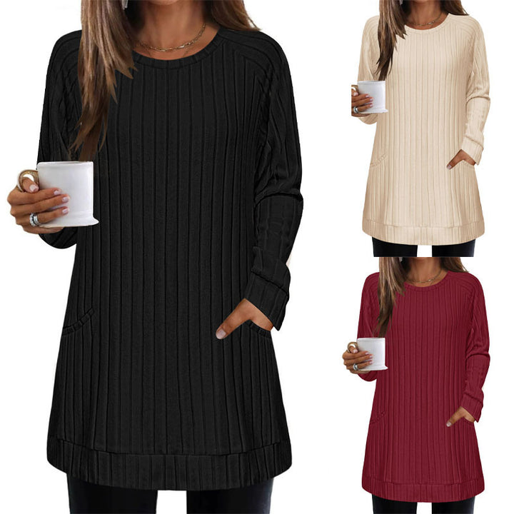 Damen Gerippter Longpullover-Tunika mit Rundhals, Seitentaschen und legerer Passform Echoarchiv